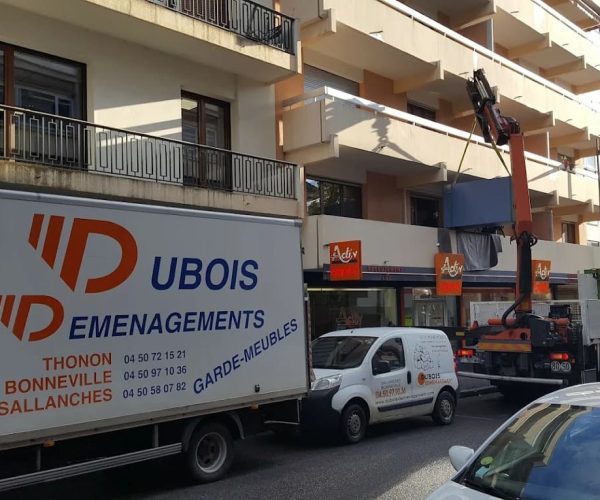 Dubois 8 Camion Dubois Déménagement garé dans la rue avec un utilitaire et un camion grue